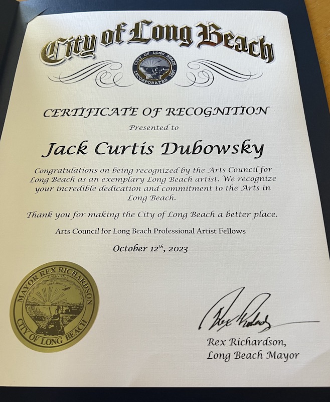 Dubowsky City of Long Beach Certificate of Recognition Professional Artist Fellow