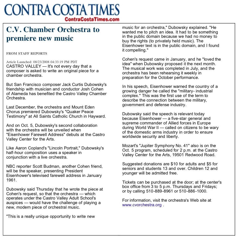 Contra Costa Times review of Eisenhower Farewell Address