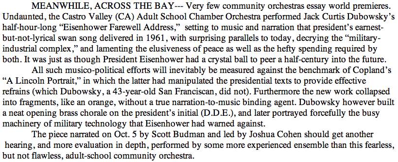 Contra Costa Times review of Eisenhower Farewell Address Hertelendy Write Up